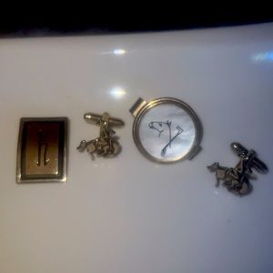 Equestrian cufflinks and mother of pearl tie clip